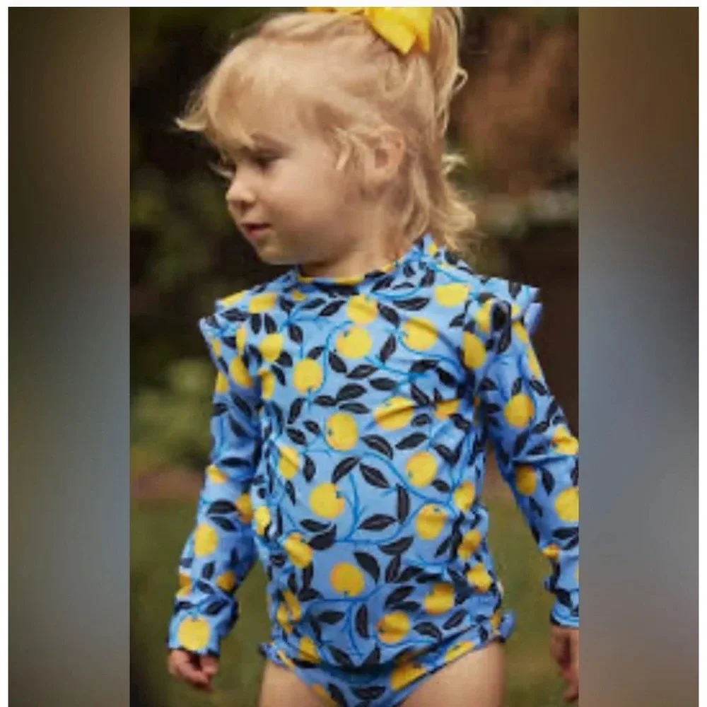 Summersalt Kids Blue Lemon Print Ruffle Long Sleeve Rash Guard Swim Top 18-24M